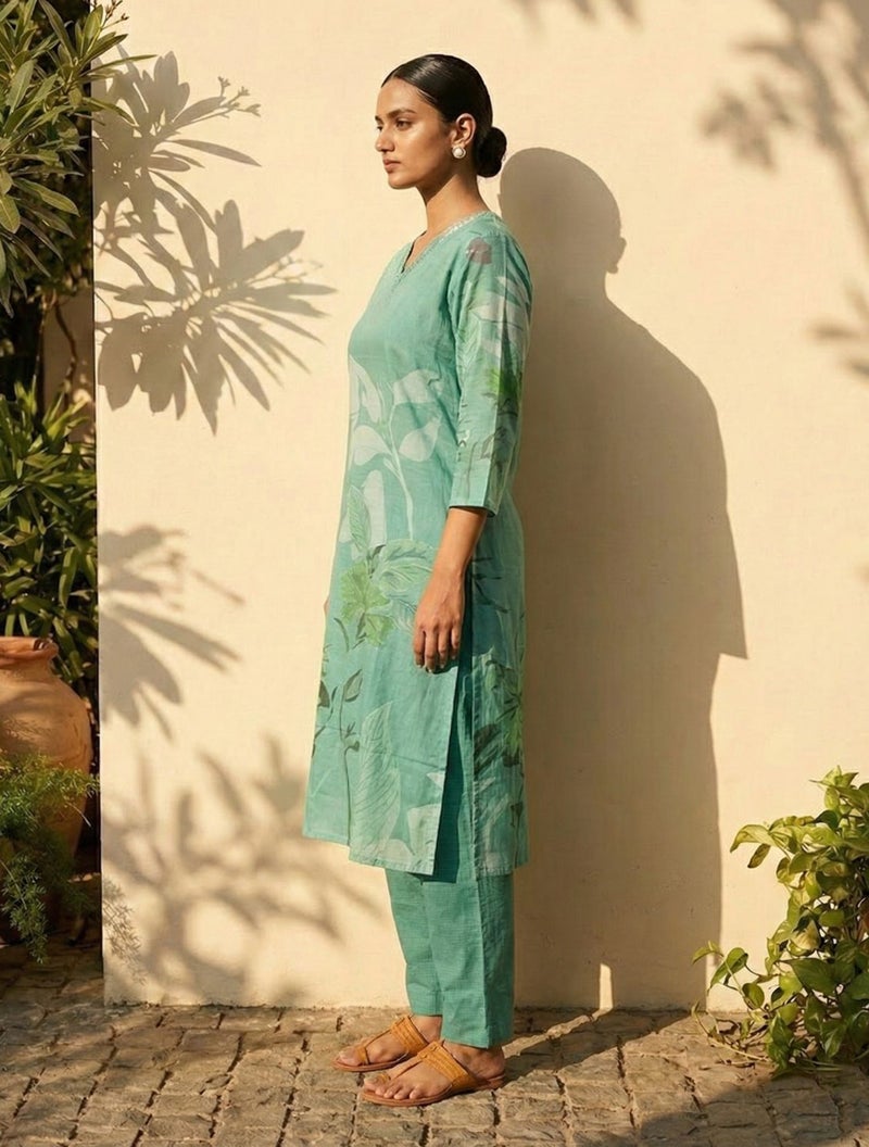 trueBrowns Teal Floral Print Straight Kurta Pant Dupatta Set - Image 3